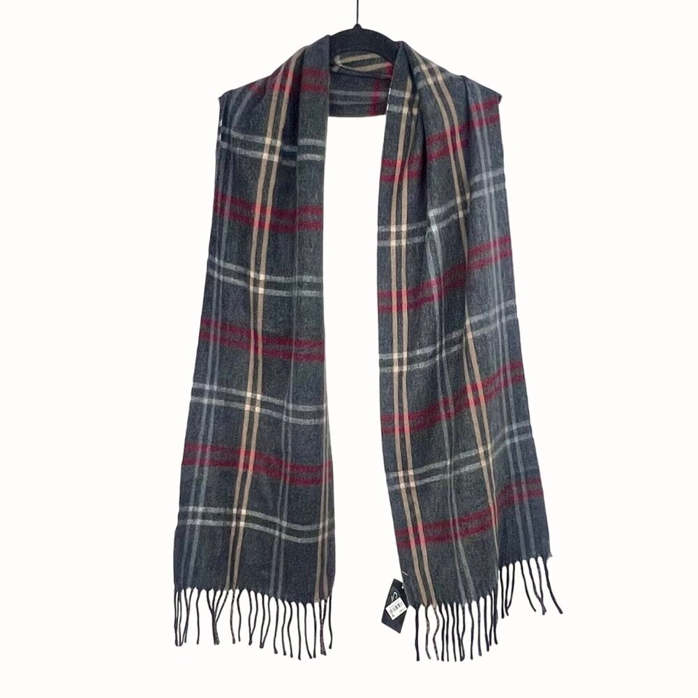 Cejon Plaid Fringe Scarf Charcoal Red Beige 100% Acrylic Italy Unisex NWT's